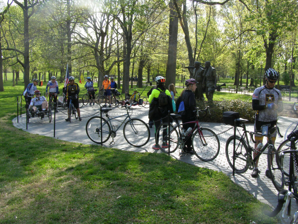 Memorials ride members visit a memorial in April, 2014.