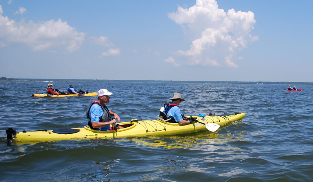 Paddling kayaks along the coast